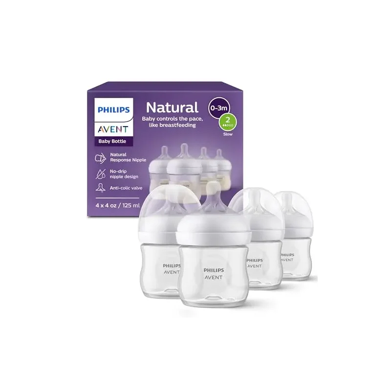 Philips Avent Natural Baby Bottles with Natural Response Nipples (Slow Flow, Flow 2), 4oz, 4-Pack, SCY900/04