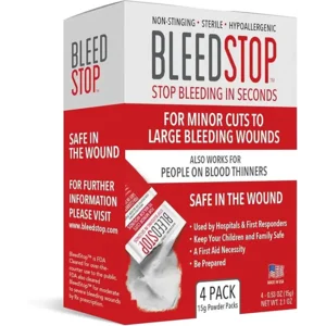BleedStop™ First Aid Powder for Blood Clotting, Trauma Kit, Blood Thinner Patients, Camping Safety, and Survival Equipment for Moderate to Severe Bleeding Wounds or Nosebleeds - 4 (15g) Pouches