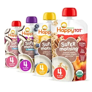Happy Tot Organics Stage 4 Baby Food Pouches, Gluten Free, Super Morning Fruit & Oat Variety Pack Blend 4 Oz (Pack of 16), Amazon Exclusive