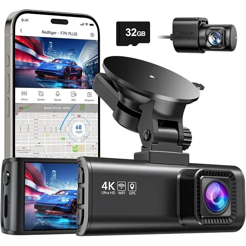 REDTIGER Dash Cam Front Rear, 4K/2.5K Full HD Dash Camera for Cars, Included 32GB Card, Built-in Wi-Fi GPS, 3.16” IPS Screen, Night Vision, 170°Wide Angle, WDR, 24H Parking Mode(F7NP)