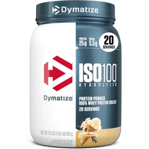 Dymatize ISO100 Whey Protein Powder Isolate, Gourmet Vanilla, 25g of Protein, 5.5g BCAAs, Less Than 120 Cal., Gluten Free, 1g Fat, 1g Sugar, 2g Carb (20 Servings)