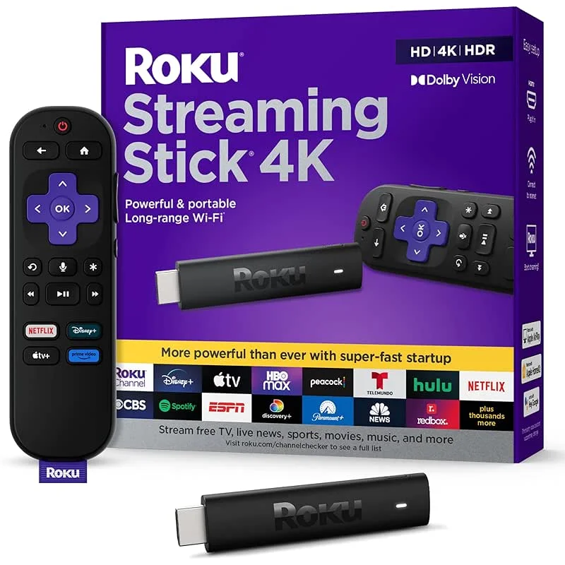 Roku Streaming Stick 4K - HDR & Dolby Vision Roku Streaming Device for TV with Voice Remote & Long-Range Wi-Fi - Free & Live TV