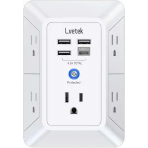 5 Outlet Extender Multi Plug Wall Outlets with 4 USB Charging Ports (1 USB C Outlet), 3 Sided 1680J Surge Protector Power Strip USB Wall Charger for Home, Office, Travel, ETL Listed, White