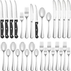 24 Pcs Silverware Set with Steak Knives Service for 4,Stainless Steel Flatware Set,Mirror Polished Cutlery Utensil Sets,Home Kitchen Eating Tableware Sets,Include Fork Knife Spoon,Dishwasher Safe