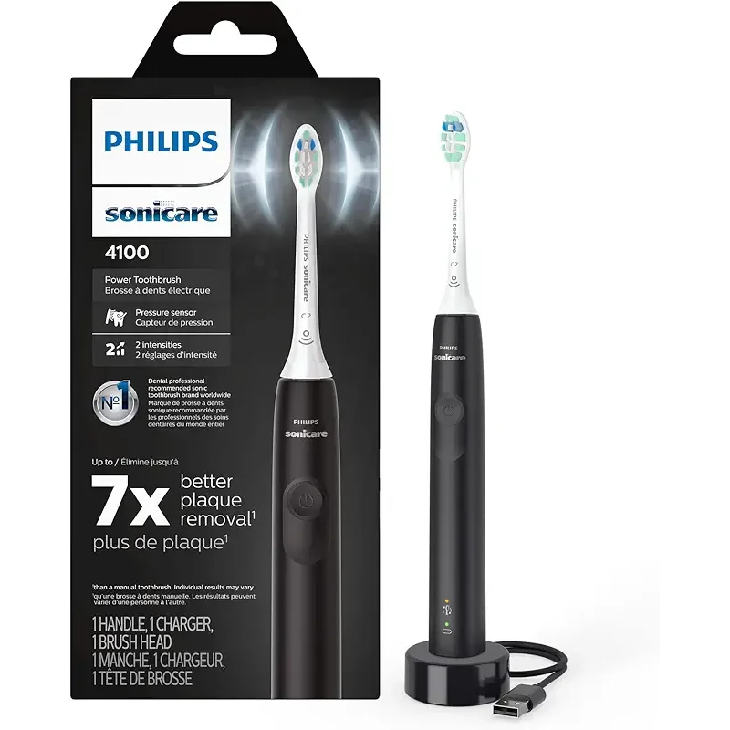 Philips Sonicare 4100 Rechargeable Electric Toothbrush, with Pressure Sensor, 2 Intensity Settings, SmarTimer and QuadPacer, 14-Day Battery Life, Black, Model HX3681/24