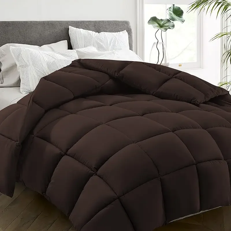 HYLEORY All Season Queen Size Bed Comforter - Cooling Goose Down Alternative Quilted Duvet Insert with Corner Tabs - Winter Warm - Machine Washable - Brown
