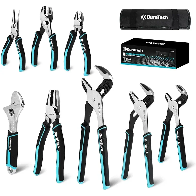 DURATECH 8-Piece Pliers Set with Rolling Pouch, Premium Cr-V/Cr-Ni Construction, (12", 10", 8" Groove Joint Pliers, 8" Adjustable Wrench, 8" Linesman, 6" Long Needle Nose, 6" Slip Joint, 6" Diagonal)