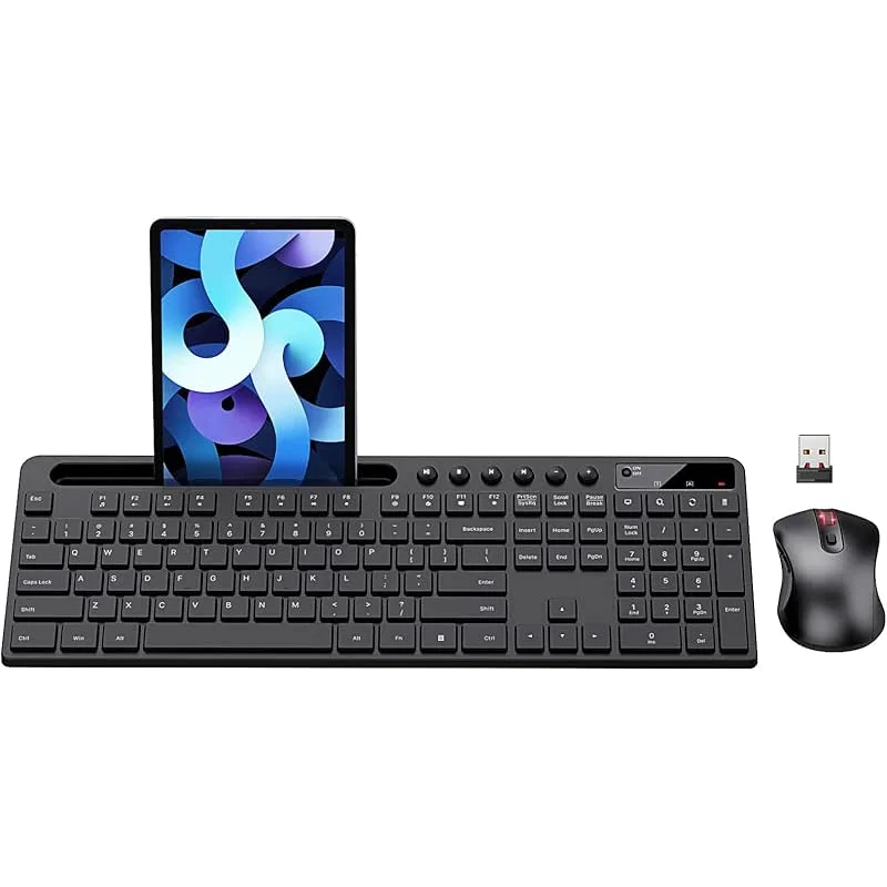 Wireless Keyboard and Mouse Combo, MARVO 2.4G Ergonomic Wireless Computer Keyboard with Phone Tablet Holder, Silent Mouse with 6 Button, Compatible with MacBook, Windows (Black)