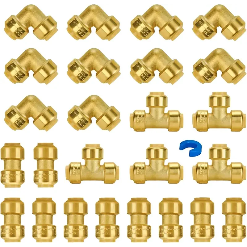 SUNGATOR Plumbing Fittings 1/2 Inch, Push Pex Fittings 1/2", 10 Each Coupling and 90 Degree Elbow, Tee (5 PCS), No Lead Brass Push to Connect Pex Pipe, Copper, CPVC, with 1 Disconnect Clip, Pack of 25