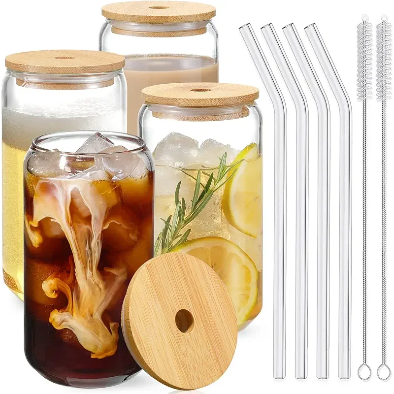 Drinking Glasses with Bamboo Lids and Glass Straw 4pcs Set - 16oz Glass Cups, Iced Coffee Glasses, Cute iced Tea Glasses, Beer Glasses, Ideal for Coffee Bar Accessories, Aesthetic Gift - 2 Brushes