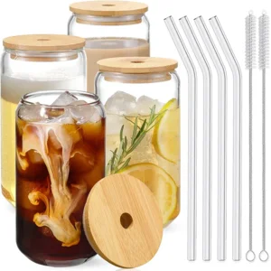 Drinking Glasses with Bamboo Lids and Glass Straw 4pcs Set - 16oz Glass Cups, Iced Coffee Glasses, Cute iced Tea Glasses, Beer Glasses, Ideal for Coffee Bar Accessories, Aesthetic Gift - 2 Brushes