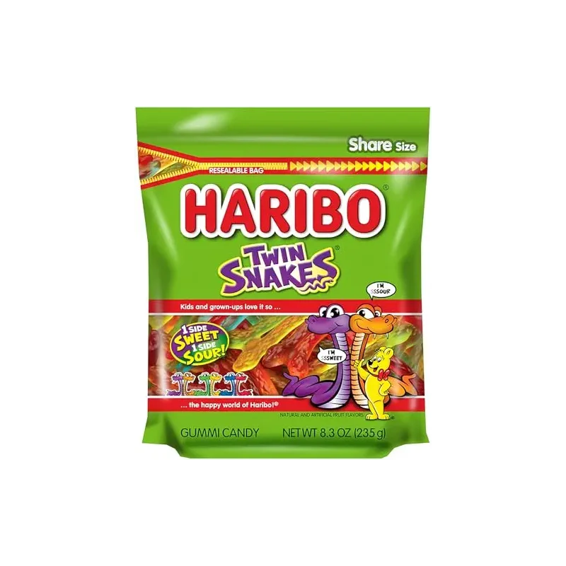 HARIBO Gummi Candy, Twin Snakes Sweet & Sour Gummy Candy, 8.3 Ounce Resealable Share Size Stand Up Bag, Soft & Chewy Snacks, Assorted Fruity Flavors