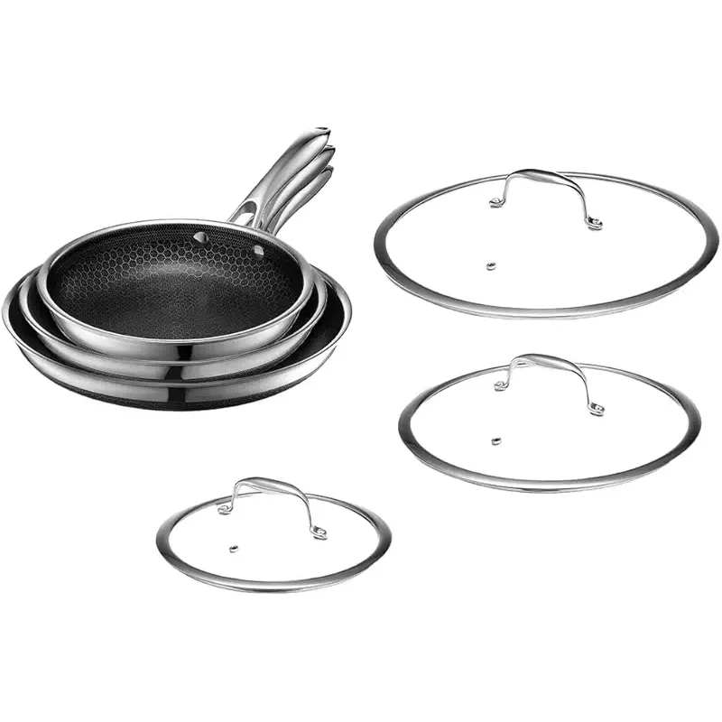 HexClad Hybrid Nonstick 6-Piece Fry Pan Set, 8, 10, and 12-Inch Frying Pans with Tempered Glass Lids, Stay-Cool Handles, Dishwasher-Friendly, Induction Ready, Compatible with All Cooktops