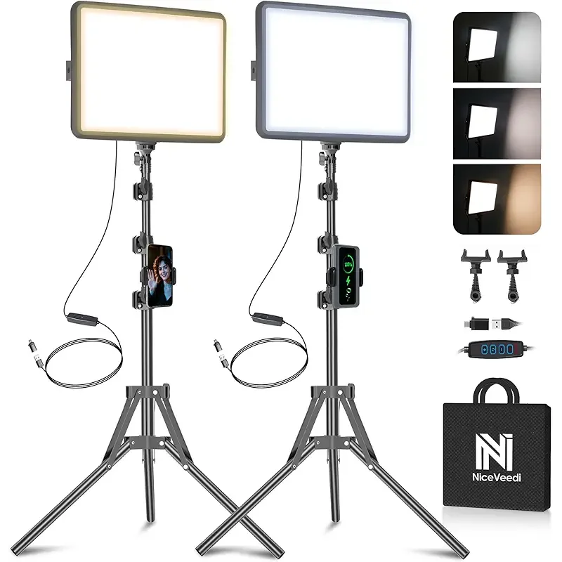 2-Pack LED Video Light Kit, NiceVeedi Studio Light, 2800-6500K Dimmable Photography Lighting Kit with Tripod Stand&Phone Holder, 73" Stream Light for Video Recording, Game Streaming, YouTube