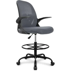 Primy Drafting Chair Tall Office Chair with Flip-up Armrests Executive Ergonomic Computer Standing Desk Chair with Lumbar Support and Adjustable Footrest Ring（Dark Gray）