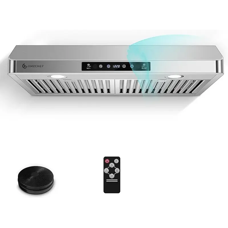 AMZCHEF Under Cabinet Range Hood 30 Inch, 750CFM Stainless Steel Kitchen Stove Vent Hood 3 Speed Exhaust Fan Touch/Remote/Gesture Control LED lights Time Setting Dishwasher-Safe Baffle Filters