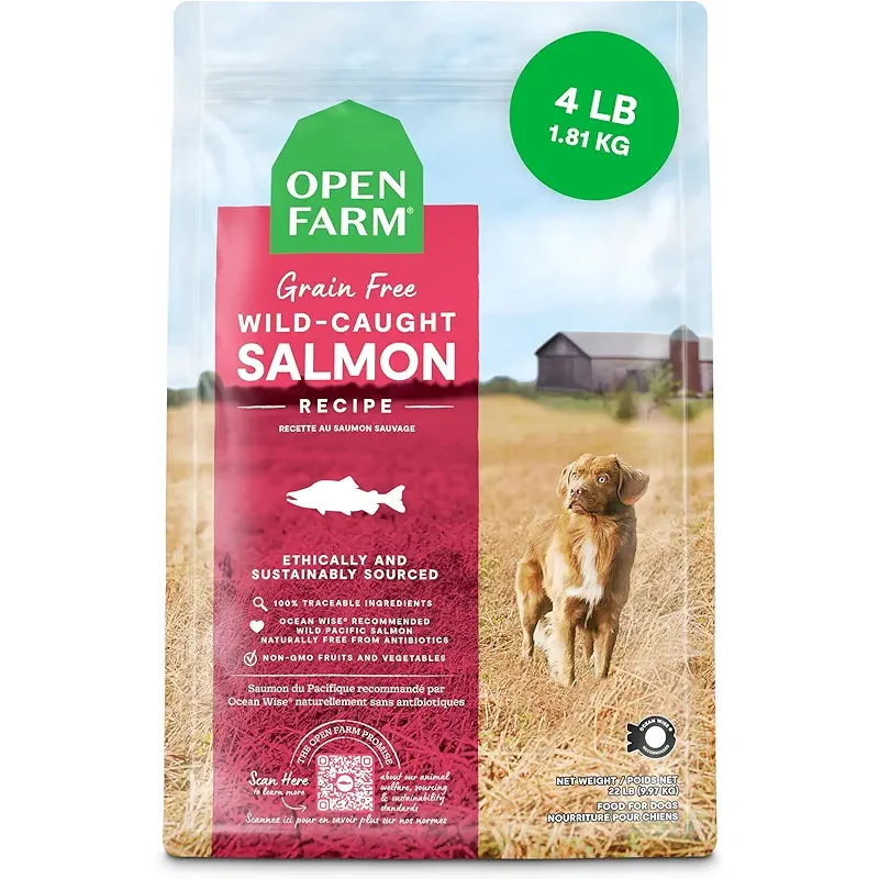 Open Farm, Grain-Free Dry Dog Food, Complete & Balanced Kibble, Sustainably & Ethically Sourced Ingredients, Non-GMO Veggies & Superfoods to Support Overall Health, Wild-Caught Salmon Recipe, 4lb Bag