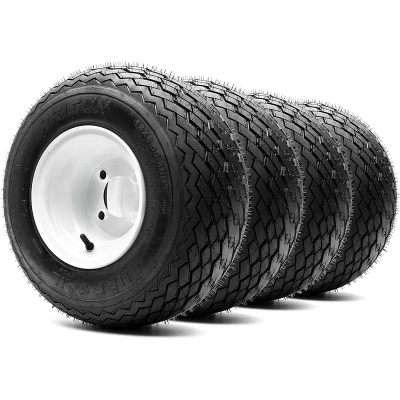 8" Steel Golf Cart Wheels Glossy White and Arisun Turf Sail (18/8.5-8) Golf Cart Tires - Set of Four