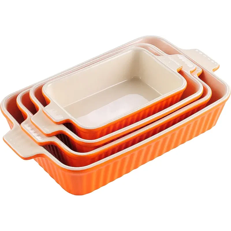 MALACASA Bakeware Set of 4, Porcelain Baking Pans Set for Oven, Casserole Dish, Ceramic Rectangular Baking Dish Lasagna Pans for Cooking Cake Kitchen, Orange(9.4"/11.1"/12.2"/14.7"), Series BAKE.BAKE
