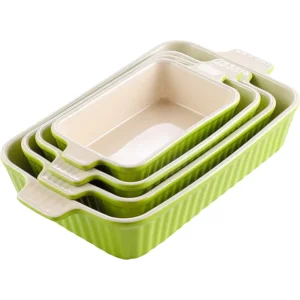 MALACASA Bakeware Set of 4, Porcelain Baking Pans Set for Oven, Casserole Dish, Ceramic Rectangular Baking Dish Lasagna Pans for Cooking Cake Kitchen, Green (9.4"/11.1"/12.2"/14.7"), Series BAKE.BAKE