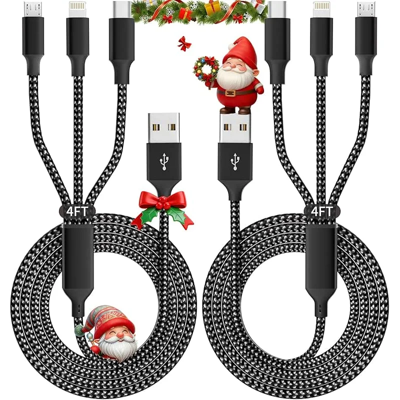 IDISON Multi Charging Cable(2Pack 4FT), 3 in 1 USB Charging Cable for Multiple Devices, Braided Universal Phone Charger Cord with Type-C, Micro USB, IP Port for iPhone17/16/14/Android Phones and More