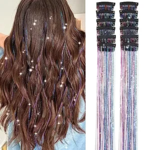 Hair Tinsel Pack of 12 Pcs Colorful Glitter Hair Accessories 20 Inch Clip in Hair Tinsel Extensions Fairy Hair Accessories Party Kit for Women Girls Kids (12Pcs,Colorful#)