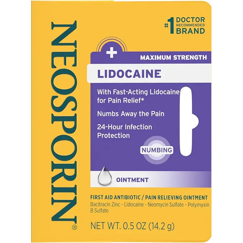 Neosporin + Lidocaine First Aid Antibiotic Ointment, Maximum Strength & Fast-Acting Topical Pain Reliever, 24-Hour Infection Protection That Numbs Away The Pain, Bacitracin Zinc, 0.5 oz