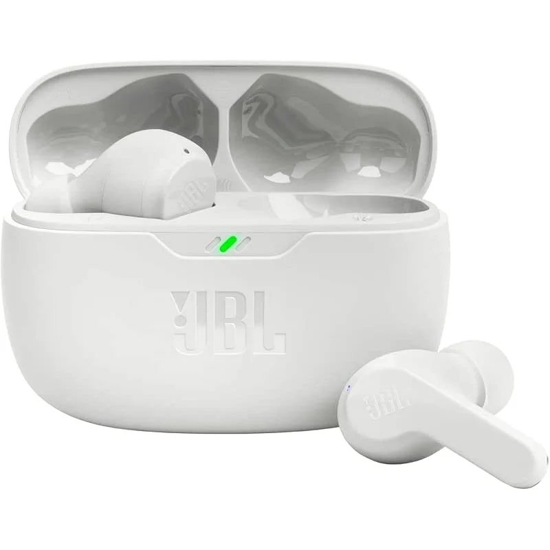 JBL Vibe Beam - True Wireless JBL Deep Bass Sound Earbuds, Bluetooth 5.2, Water & Dust Resistant, Hands-free call with VoiceAware, Up to 32 hours of battery life (White)