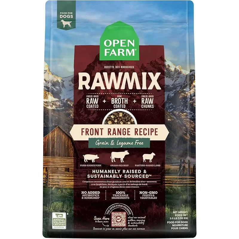 Open Farm, RawMix Grain-Free Dry Dog Food, Protein-Packed Kibble Coated in Bone Broth with Freeze Dried Raw Chunks, Beef Pork & Lamb, Front Range Recipe, 3.5lb Bag