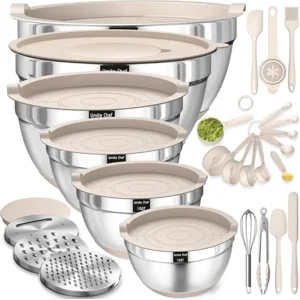 Mixing Bowls with Airtight Lids Set, 26PCS Stainless Steel Khaki Bowls with Grater Attachments, Non-Slip Bottoms & Kitchen Gadgets Set, Size 7, 4, 2.5, 2.0,1.5, 1QT, Great for Mixing & Serving