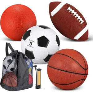 Lenwen 4 Pcs Sports Balls Set, Include Official Size Basketball Soccer Football Playground Ball Pump Equipment Bag for Teen Adult Christmas Ball Gifts