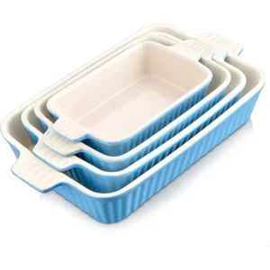 MALACASA Casserole Dishes for Oven, Porcelain Baking Dishes, Ceramic Bakeware Sets of 4, Rectangular Lasagna Pans Deep with Handles for Baking Kitchen, Blue (9.4"/11.1"/12.2"/14.7"), Series BAKE.BAKE