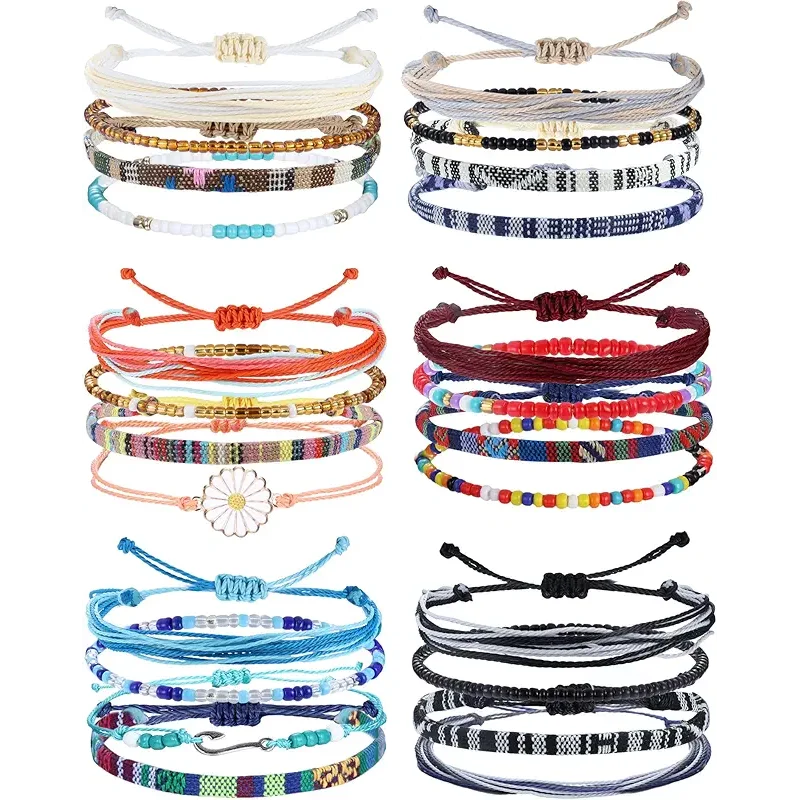 LOLIAS 24 Pieces Waterproof String Bracelets for Women Surfer Wave Boho Bracelet Adjustable Handmade Friendship Bracelet String Ocean Beach Boho Bracelets Anklets for Women