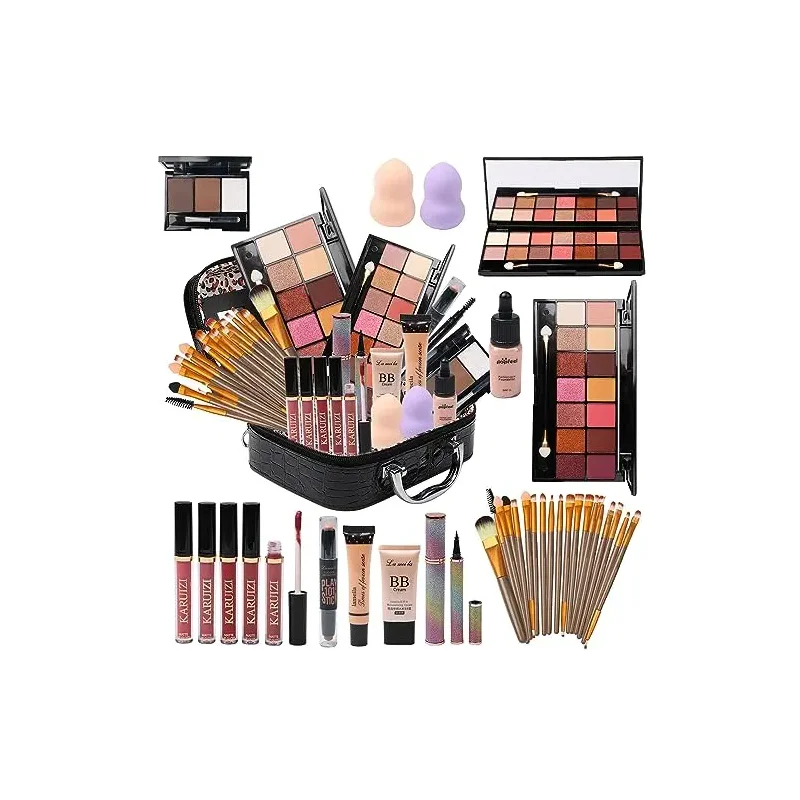 All in One Makeup Kit - 2X14 Eyeshadow Palette, Liquid Foundation, Eyeliner Pencils, Contouring Stick, Lip Gloss, 20Pcs Makeup Brushes (Black)