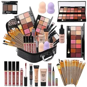 All in One Makeup Kit - 2X14 Eyeshadow Palette, Liquid Foundation, Eyeliner Pencils, Contouring Stick, Lip Gloss, 20Pcs Makeup Brushes (Black)