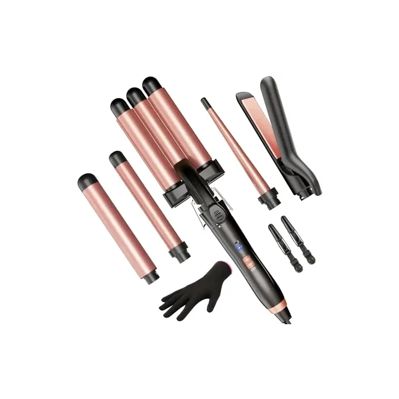 5 in 1 Wand Curling Iron-Kinked Curling Wand Set with Flat Iron Hair Straightener, 3 Barrels Hair Crimper, 3 Ceramic Curling Irons (0.35"-1.25"), 2 Temps Fast Heat Hair Waver Curler with Glove & Clip