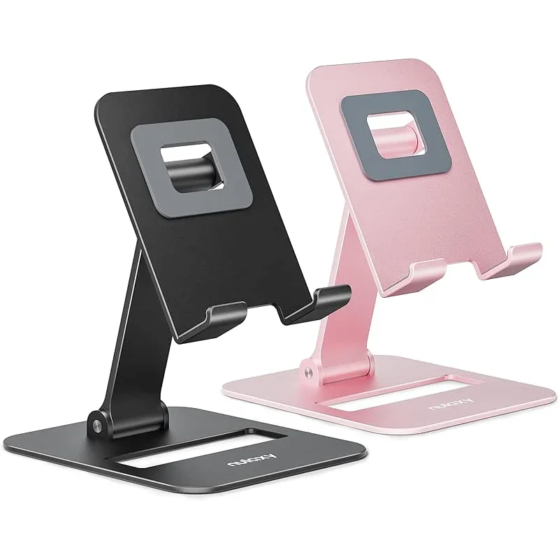 Nulaxy 2 Pack Dual Folding Cell Phone Stand, Fully Adjustable Phone Holder for Desk, Compatible with iPhone 17 16 15 14 13 12 11, Nintendo Switch, All Phones, Black & Rose Gold