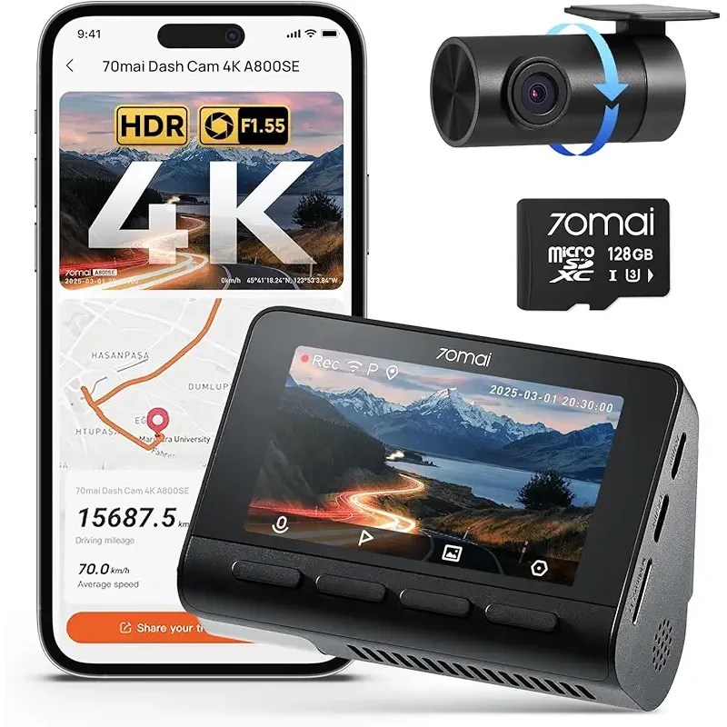 70mai 4K Dash Cam Front and Rear, Built in Wi-Fi 6 & GPS Car Camera, Super Night Vision, ADAS, 3'' IPS Screen, 24H Parking Mode, Time-Lapse, Loop Recording, with 128GB Card (A800SE)