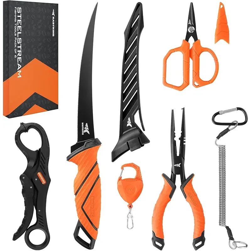 KastKing SteelStream 6pc Fishing Tool Kit - Corrosion Resistant Fishing Pliers with Lanyard, Fillet Knife, Floating Fish Lip Gripper, Fishing Braid Scissors, Tool Retractor, Fishing Gifts for Men