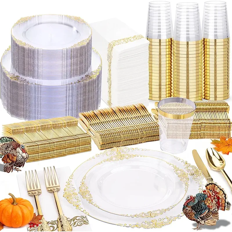 Nervure 350PCS Clear Gold Plastic Plates - Gold Plastic Dinnerware Sets for 50 Guests - 100 Disposable Plates, 150 Silverware, 50 Cups, 50 Napkins for Wedding & Party & Thanksgiving