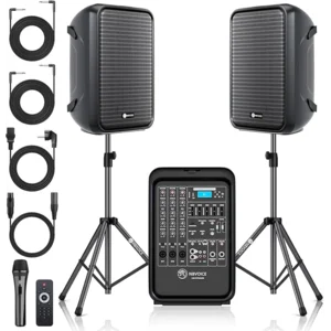 Professional Portable All-in-One Integrated 2-Way PA System Fixed Setup, Suitcase Design w/ 8-Channel Mixer, 2 Speaker Stands, Bluetooth, Mic for Performances, Presentations