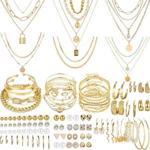 NEWITIN 69 Pieces Gold Jewelry Set for Women Fashion Costume Jewelry Gold Plated Necklace Bracelet Earrings Set for Women