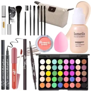 Makeup Set Full Kit for Girls Teens Women, Makeup Present Set, Includes Eyeshadow, Foundation, Blusher, Eyebrow Pencil, Mascara, Eyeliner, Brushes, Lip Gloss, Sponge, Cosmetic Bag