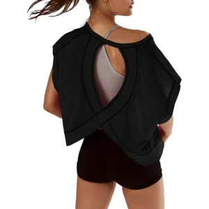 Women Short Sleeve Workout Shirts Open Back Tops Casual Yoga Y2k Athletic Gym Slouchy Crop Running Tees