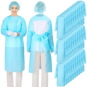 TrelaCo 30 Pack Isolation Gowns Disposable with Thumb Loops, Waist Ties, Sleeves, x Large 46 Inch Waterproof Cpe Blue Odorless PPE Disposable Gowns for Home Women Men Unisex Adult Labs (Blue)