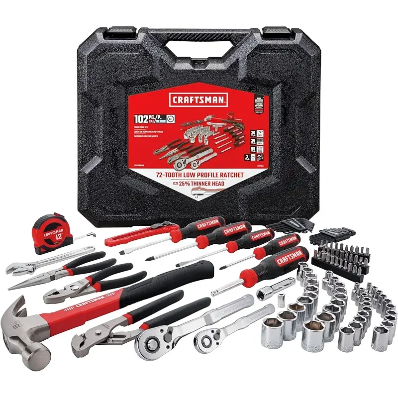 CRAFTSMAN 102-Piece Tool Kit for Home and Car, Durable Hand Tools Set with SAE and Metric Socket Set, Screwdrivers, Wrench, Hammer, Pliers, Knife, Hex Keys, Specialty Bits, Tape Measure (CMMT99449)