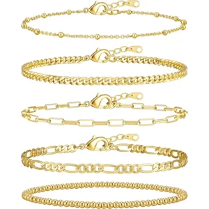 adoyi Gold Bracelets for Women, 14K Gold Plated Stackable Bracelet Stack Set Adjustable Charm Paperclip Chain Cuban Link Layered Waterproof Jewelry Sets Gifts for Womens 6.0/6.8/7.2"