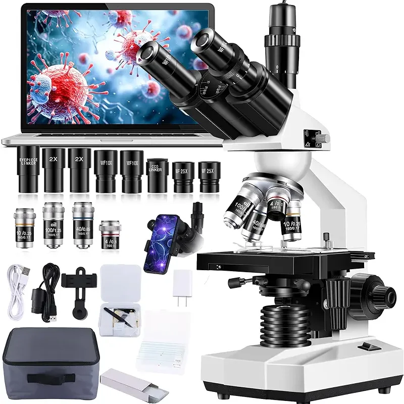 Trinocular Microscope 40X-5000X Magnification Laboratory Grade with Dual Mechanical Stage and HD USB Camera Microscope for Adults