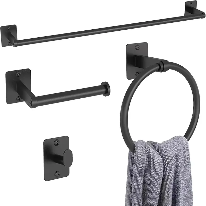 Matte Black Bathroom Accessories Set, KLJKPA 4 Pieces Bathroom Hardware Set, 24 inch Towel Bar, Towel Racks for Bathroom, Robe Towel Hooks, Toilet Paper Holder Wall Mounted