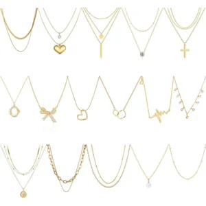 Myofeng 16Pcs Gold Necklaces Set for Women 14k Gold Plated Dainty Trendy Pendant Chain Choker Pack Multilayer Necklace Set for Women Adjustable Jewelry Gift